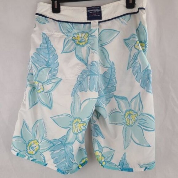 Abercrombie and Fitch Men's (XS-31) Blue & White Topical Print Swim Board Shorts - Picture 8 of 10